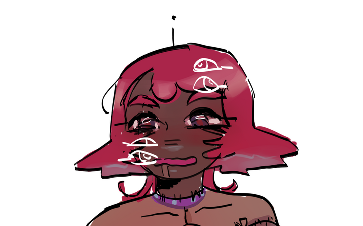 Image Description: Anime-style angel with dark skin, red hair, and nervous expression. There are white outlines of pointing hands, wings, halo, and eyes. End of ID.